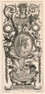 Painel Ornamental encimado com cabeça ladeada por folhagem, placa 11 do painel ornamental encimado por cabeça ladeada por folhagem, do Livre de Diverses Grotesques peintes dans le Cabinet et Bains de la Reyne Regente, au Palais Royale