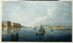 A Bolsa de Valores e o Palácio de Mármore em São Petersburgo. Descrição das margens do Neva. Obra de Michel François Damam Demartrait (1763-1827), litografia, cenário