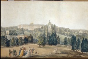 Vista de Tsarkoye Selo (São Petersburgo). Vista de Tsarkoye Selo. A Imperatriz Catherine II Caminhando. Obra de Michel Francois Damam Demartrait (1763-1827), gravura e aguarela. Arte francesa