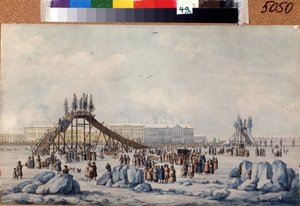 Uma montanha-russa sobre o Neva em Shrovetide. Obra de Michel Francois Damam Demartrait (1763-1827). Aguarela e tinta sobre papel, cerca de 1810, 33 x 54 cm, arte francesa, classicismo. A.Pushkin Memorial M