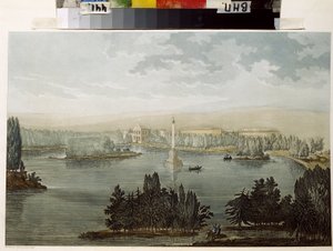 Vista de Tsarkoye Selo. Vista de Tsarkoye Selo. A Coluna Chesme. Obra de Michel Francois Damam Damartrait (1763-1827), gravura colorida com aguarela