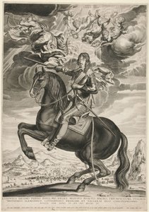 Retrato equestre de Luís XIII (Bourbon) (1601-1603) aos 33 anos de idade. A paisagem é segundo Callot de Michel Lasne