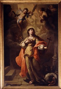 Santa Margaret. Em sua mão um crucifixo e seus pés o dragão (óleo sobre tela)