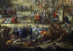 Vista do Cours Belsunce, Marselha, Durante a Peste de 1720, detalhe representando o Cardeal de Belsunce com um grupo de cadáveres de vítimas da peste de Michel Serre