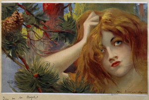 Mulher ruiva olhando inqiuiete, levanta a cabeça - cromo. por Simondy de Michel Simonidy