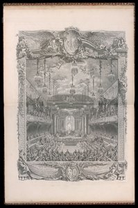 Decoração do auditório, construído no picadeiro coberto do grande estábulo de Versalhes, para a apresentação do Ballet de Comédia Princesa de Navarra, dada por ocasião do casamento de Luís Delfim de França com Maria Teresa Infante d de Michel de Bonneval