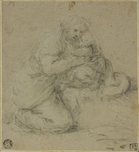 Mãe ajoelhada abraçando a criança de Michelangelo Anselmi