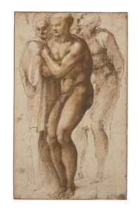Um homem nu (segundo Masaccio) e duas figuras atrás dele (caneta e dois tons de tinta castanha, lavagem castanha, marca de água) de Michelangelo Buonarroti