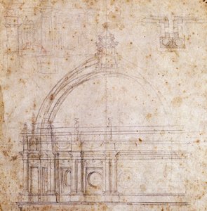 Desenhos para a cúpula da Basílica de São Pedro no Vaticano, desenho de Michelangelo (1475-1564), Itália