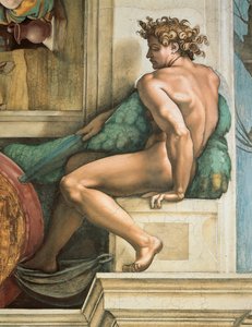 Ignudo Sistine Chapel ceiling in the Vatican, 1508-1512. de Michelangelo Buonarroti