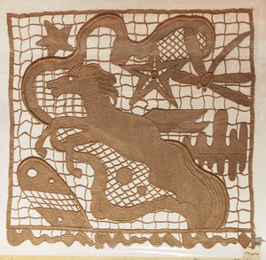 Amostra de renda de agulha e insertos para cortinas, com padrões desenhados a partir de trabalhos do artista Giulio Rosso, Michelangelo Jesurum Manufacture de Michelangelo Buonarroti