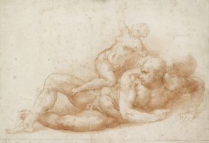 Sansão e Dalila (giz vermelho sobre papel branco) de Michelangelo Buonarroti