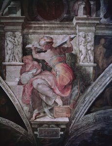 Capela Sistina Teto: Sibila da Líbia, c.1508-10 (pré restauração) de Michelangelo Buonarroti
