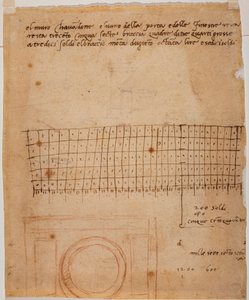 Esboço de uma janela, anotações autógrafas e cálculo gráfico de Michelangelo Buonarroti