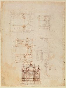 Estudos para composição arquitetônica em forma de arco triunfal, c.1516 (giz preto com caneta e tinta marrom sobre papel) (reto) (para verso ver 191776) de Michelangelo Buonarroti