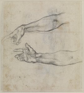 Estudos de um braço estendido para o fresco "A embriaguez de Noé" na Capela Sistina, c.1508-09 (giz preto sobre papel) de Michelangelo Buonarroti