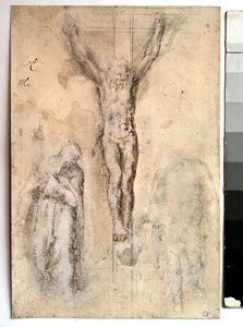 Estudo para uma crucificação Representação de Cristo na cruz com a Virgem e São João. Desenho de Michelangelo Buonarroti dit Michelangelo (Michelangelo ou Michel Ange de Michelangelo Buonarroti