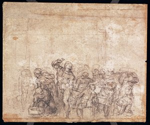 Estudo de Figuras para uma Cena Narrativa (giz preto sobre papel) (verso) (para reto ver 191777) (ver também 191767) de Michelangelo Buonarroti