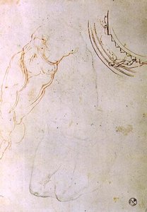 Estudo de uma figura propensa com pernas cruzadas e um desenho para uma lunette mostrando uma figura montando uma escada (caneta e tinta, giz e carvão vegetal sobre papel) de Michelangelo Buonarroti