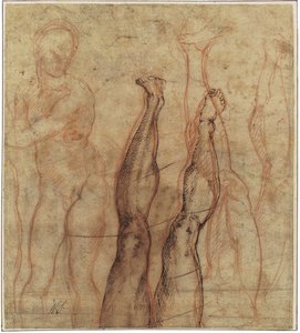O Cristo Ressuscitado, nu de três quartos desenhado sobre os estudos de uma perna e um pé de Michelangelo Buonarroti
