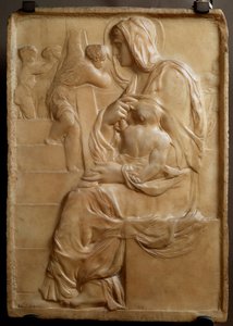 Virgem nas escadas (Madonna della Scala) Relevo de mármore baixo de Michelangelo Buonarroti dit Michel Ange (Michelangelo ou Michelangelo de Michelangelo Buonarroti