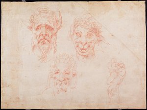W.33 Esboços dos rostos dos sátiros (giz vermelho sobre papel) de Michelangelo Buonarroti