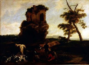 Uma Paisagem com os viajantes descansando perto de uma Pousada de Michelangelo Cerquozzi