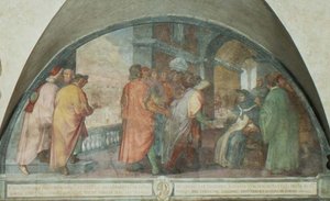 Santo Antonino funda a Companhia de Bons Homens em San Martino, lunette (fresco) de Michelangelo Cinganelli