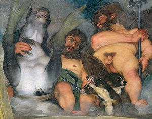 Alegoria dos Elementos, o Universo e Signos do Zodíaco, detalhe de Netuno e Tritão com Cerberus, o cão de três cabeças, óleo de 1597 em detalhes de gesso 107109