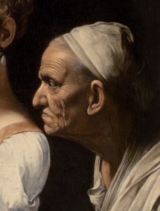 Detalhe do servo de Judith e Holofernes, 1599 de Michelangelo Merisi Caravaggio