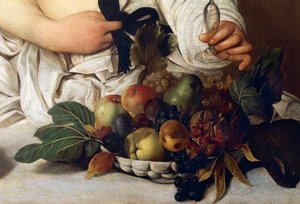 Baco, detalhe com tigela de fruta, c.1589 (óleo sobre tela) de Michelangelo Merisi da Caravaggio