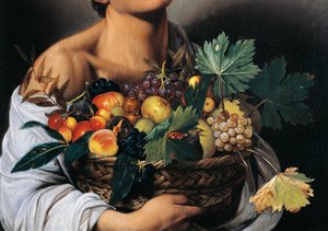 Rapaz com um Cesto de Frutas, detalhe de Michelangelo Merisi da Caravaggio