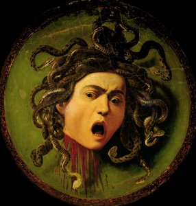 Medusa, pintada num escudo de couro, c.1596-98 (óleo sobre tela fixado em madeira) (pré-restauro) de Michelangelo Merisi da Caravaggio