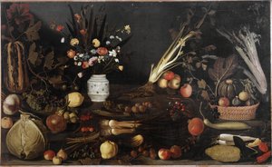 Natureza morta com flores e frutas - óleo sobre tela c.1590 de Michelangelo Merisi da Caravaggio
