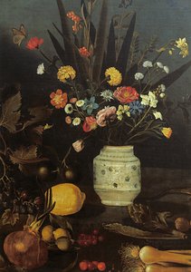Natureza morta com flores e plantas (óleo sobre tela) (detalhe de 624933) de Michelangelo Merisi da Caravaggio