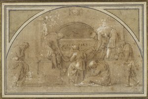 O Entombment (tinta e lavagem, com guache no papel) de Michelangelo Merisi da Caravaggio