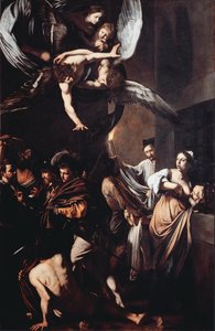 As sete obras de misericórdia (Sette opere di misericordia). Cimon condena a passar fome na prisão alimenta-se do peito de sua filha Pero (Caridade Romana) e no fundo um homem carrega uma tocha em chamas para arrancar um cadáver. No topo, a virgem tem t de Michelangelo Merisi da Caravaggio