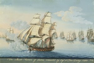 O navio Mount Vernon de Salem ultrapassa uma frota francesa (aguarela sobre papel)