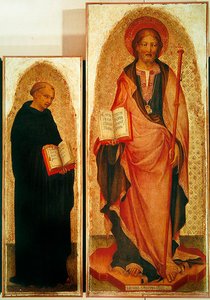 São Tiago com santos, detalhe de São Tiago e Filippo Benizzi, c.1450 (tempera em painel com ouro) (detalhe de 256989)