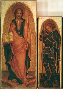 São Tiago com santos, detalhe de São Tiago e São Miguel Arcanjo, c.1450 (tempera em painel com ouro) (detalhe de 256989)