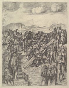 A Crucificação de São Pedro, segundo os afrescos de Michelangelo na Capela Paulina, Va..., 1550-60. de Michele Lucchese