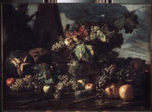 Pintura "Natureza Morta com Uvas" de Michelangelo Pace da Campidoglio (1610-1670) 1650-1660 Dim. 98x134 cm Museu Hermitage, São Petersburgo
