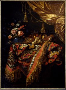 Natureza-morta Frutas e flores posadas sobre uma toalha de mesa. Pintura de Michelangelo Campidoglio (1610-1670) Século XVII Rennes, museu de belas artes.
