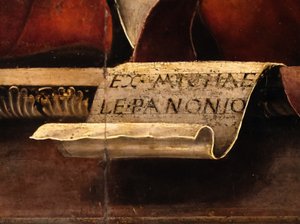 A Musa Thalia, pormenor, c.1456-57 (óleo e têmpera sobre choupo) de Michele Pannonio