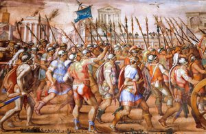 Triunfo do cônsul Lucius Aemilius Paulus sobre Perseu rei da Macedônia (detalhe), cerca de 1570 (fresco) de Michele and Rocchetti Jacopo Alberti