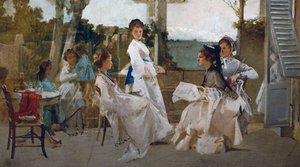 Sob pérgola, pintura de Michele Tedesco (1834-1917), óleo sobre tela, 81x139 cm, Itália de Michele Tedesco
