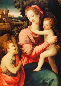 Madonna e criança com o infante São João Batista, uma paisagem de rio arborizada com um palácio imaginário além,