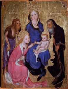 O casamento místico de Santa Catarina com São João Baptista e António do Egipto - Pintura, cerca de 1420 de Michelino Molinari da (attr. to) Besozzo