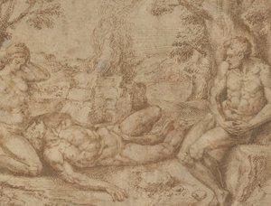 Adão e Eva lamentando a morte de Abel, ca. 1576. de Michiel Coxie