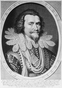 Retrato de George Villiers, 1º duque de Buckingham (1592-1628) gravado por Willem Jacobsz. Delff (1580-1638) 1626 (gravura) (foto bw) de Michiel Jansz van Miereveld
